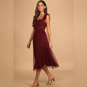 Lulus | Divine Invitation Burgundy Tulle Swiss Dot Ruffled Midi Dress